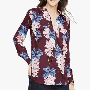 Ann Taylor Burgundy Floral Print V-Neck Long Sleeve Blouse NWT Size Small Petite
